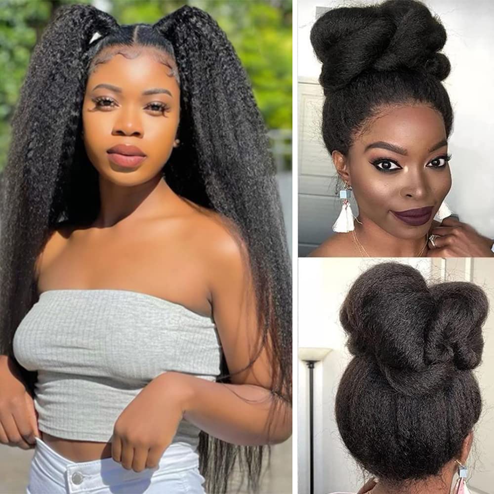 Kinkystraight Human Hair Wig 360 Lace Front Wigs Human Hair 180% Density Yaki Straight Human Hair Wig 18 Inch 360 Lace Frontal Wigs Human Hair for Women Natural Color