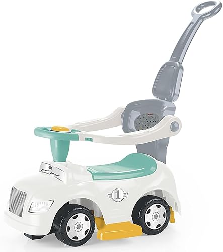 DOLU Ride-On Car 3 en 1 Walk & Drive - Blanco, Verde, Amarillo - 3 Modos Cochecito de paseo - Coche de empuje, manija para padres, bocina, bebé y