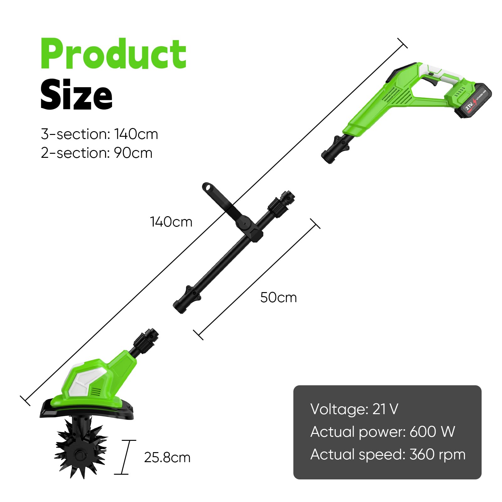 90-140 cm Gartenfräse Electrisch, BodenfräSe, Bodenhacke - 600 W, 4 ruedas dentadas extraíbles, 360 rpm, 24 cm de profundidad de trabajo, 17 cm de ancho de trabajo, interruptor de seguridad de 2