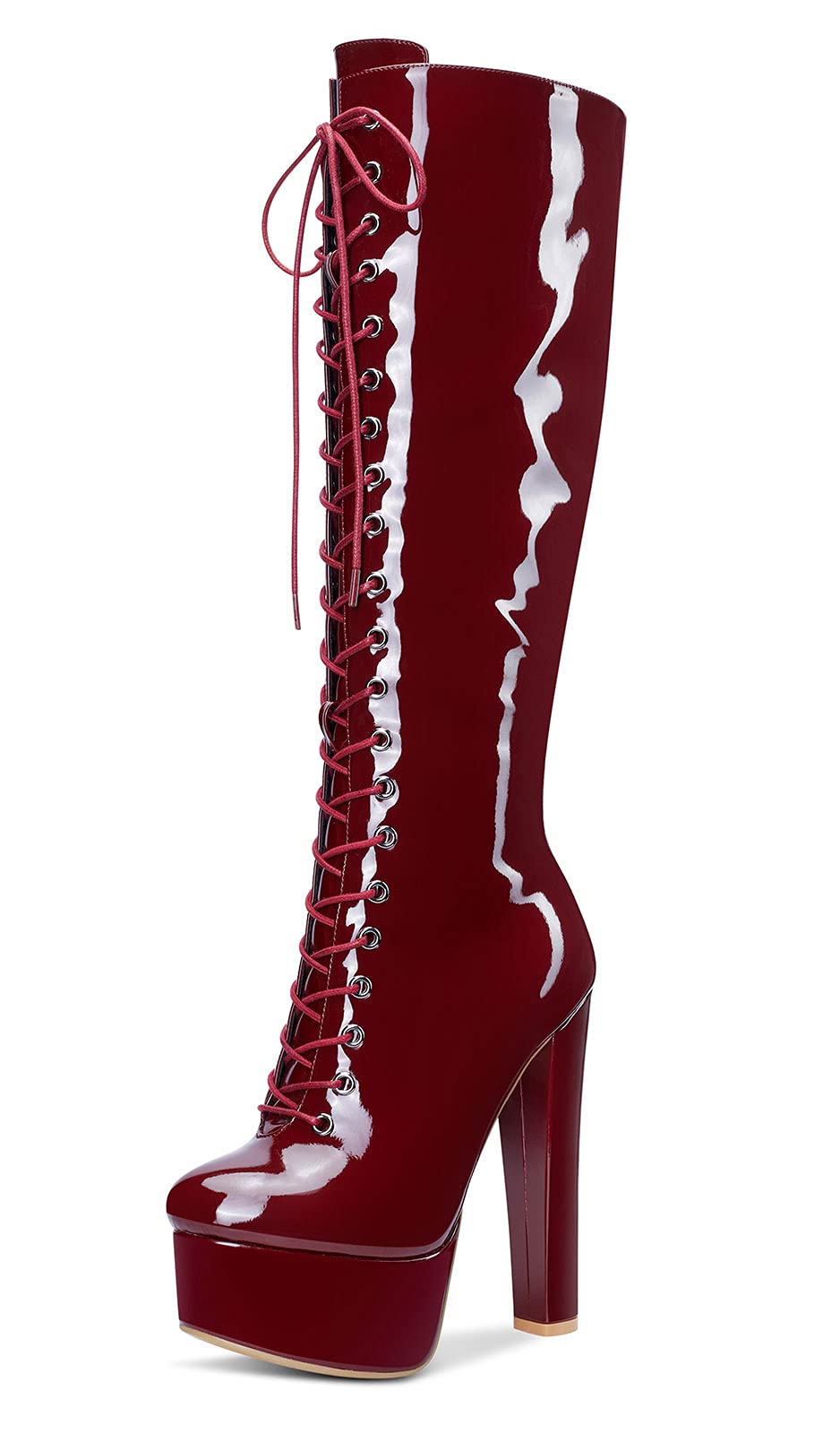 Castamere Women's Mid-Calf Boots Lace-Up Zipper Platform Block Heels 6IN High Heels - 4 UK - Red Burgundy Patent