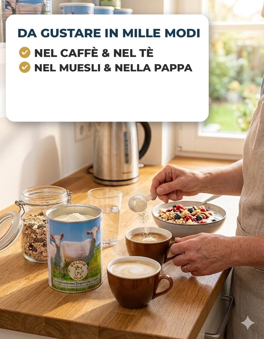 Golden Goat Latte di Capra in Polvere 4x 400 g — Latte intero di capra in polvere dalla Nuova Zelanda — Latte di capra in polvere per caffè, cucina & sostituto del latte — Anche per cane & gatto
