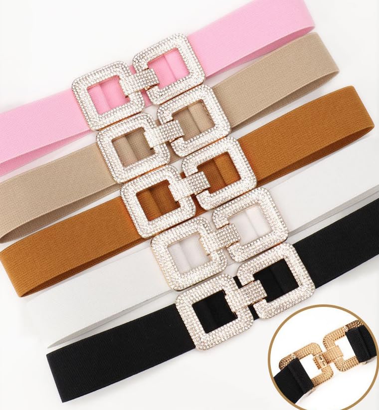 COTIM COYIN Women's Elastic Belt with Double Rhinestone Square Buckle, Stretchy Waistband3