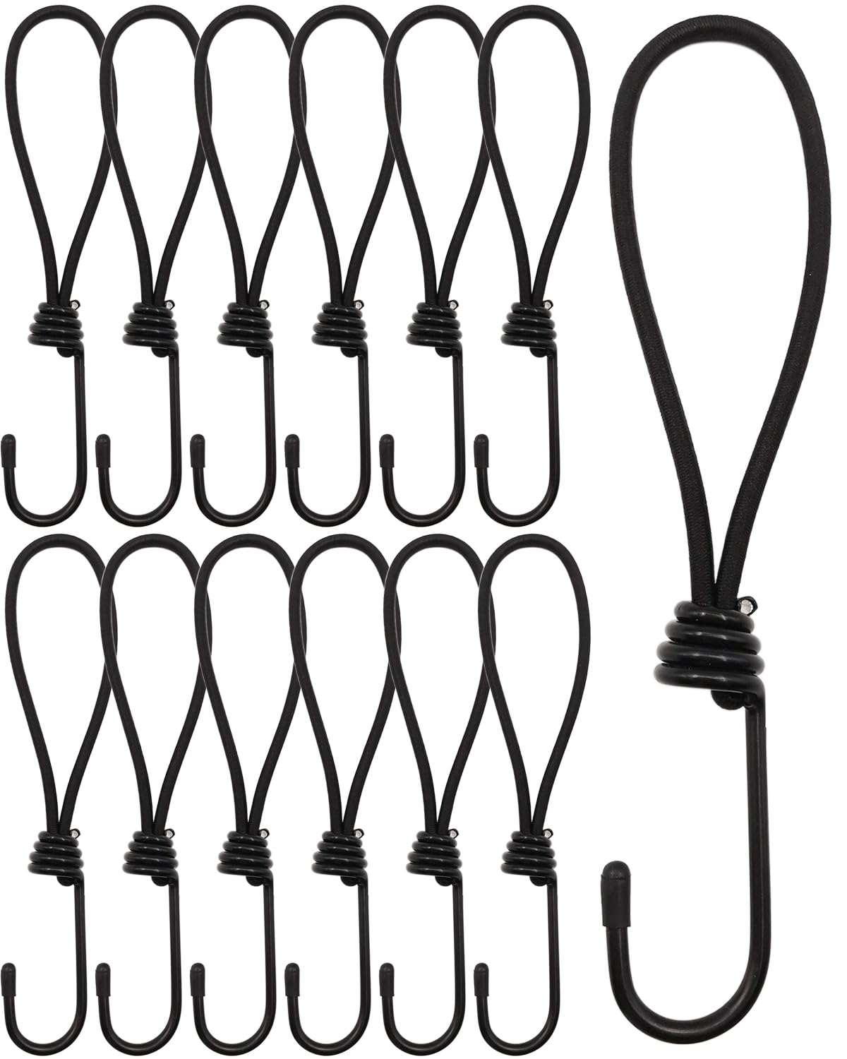 WMZOBH Bungee Cords with Hooks 12 Pcs - 8 Inch Elastic Bungee Ropes with Hooks - Short Tarpaulin Hooks - Small Bungee Rope (Black)