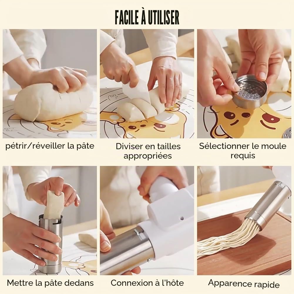 Machine à pâtes électrique portable manuelle, presse électrique portable de 2000 mAh, machine à pâtes automatique rechargeable avec 5 moules de presse pour nouilles faites maison/spaghetti/macaronis
