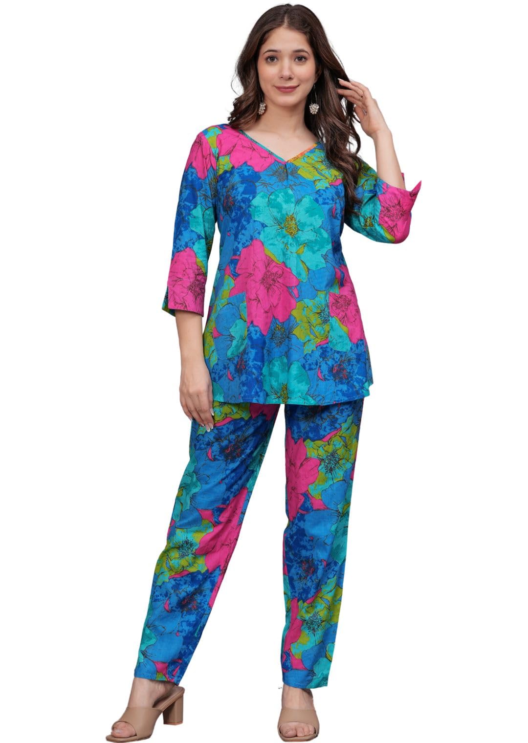 Rytras Women's Pure Cotton Printed Straight Kurta Set With Palazzo Pants - Ethnic Wear, Blue(Ryt606-New,L)