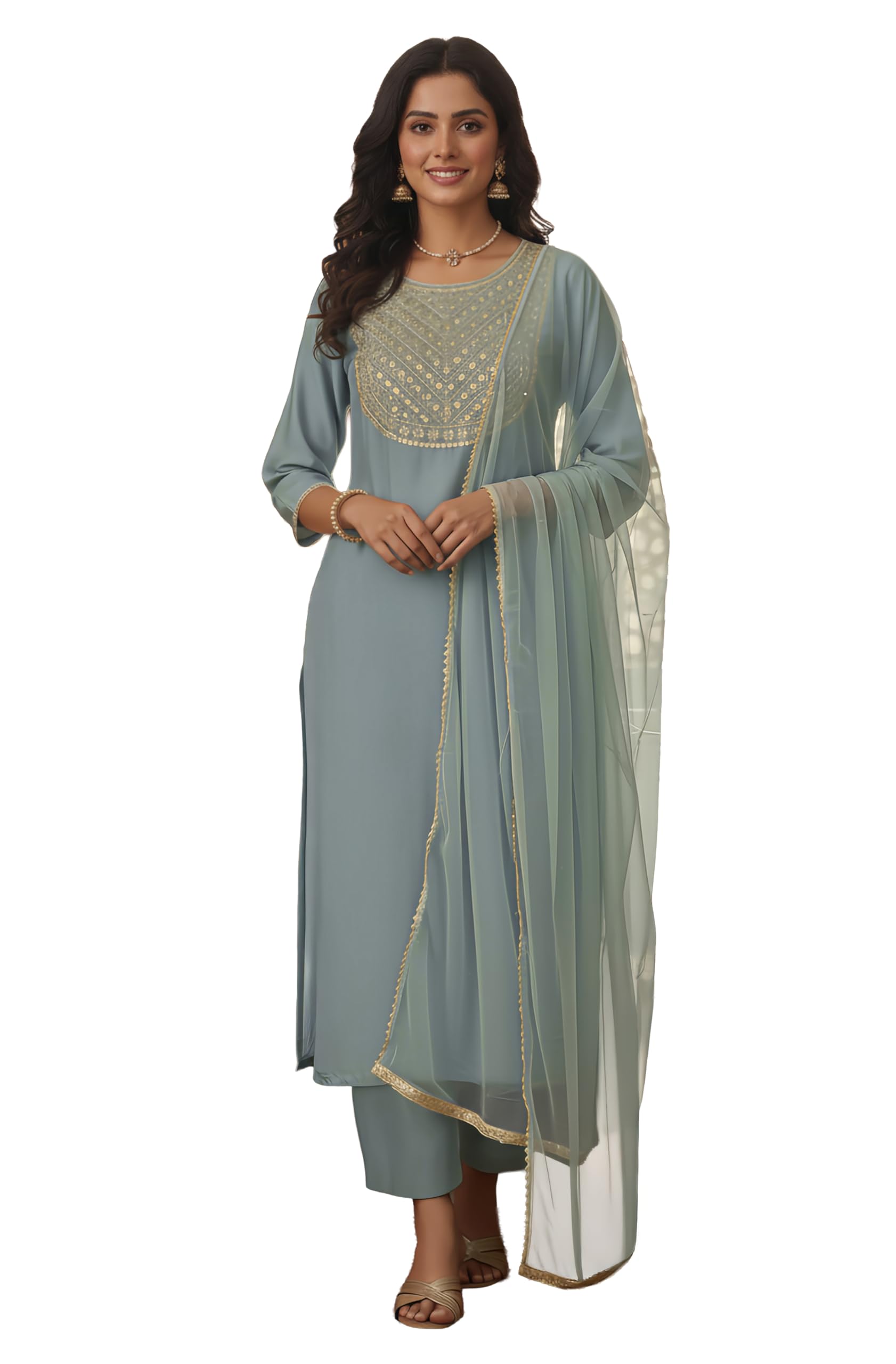 janasya Women's Powder Blue Silk Blend Embellished Straight Kurta Set-picture-15