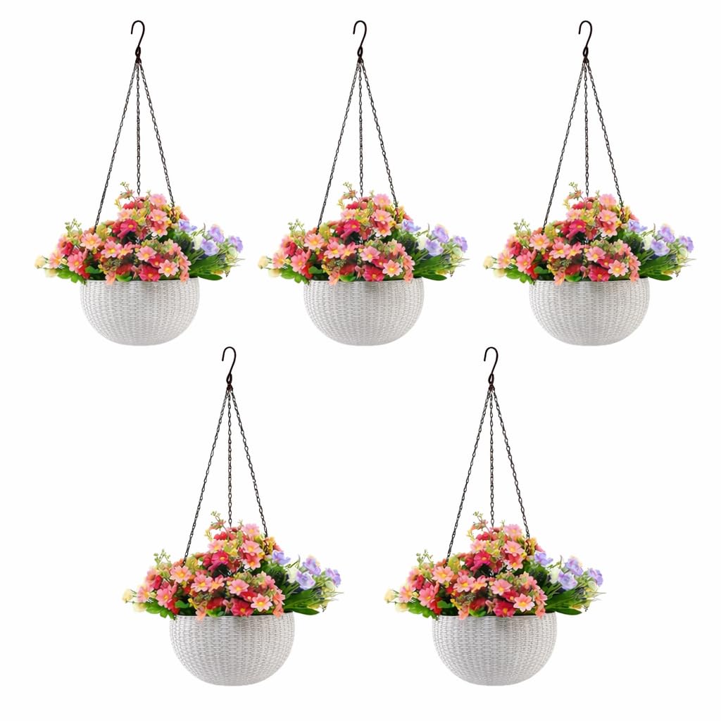 Abasr 6-Inch White Round Rattan Woven Hanging Planter | Durable Plastic Gamla Pot with Metal Chain for Balcony, Garden & Home Décor | Lightweight & Unbreakable Flower Hanging Pot | Pack of 5 (White)-image-28