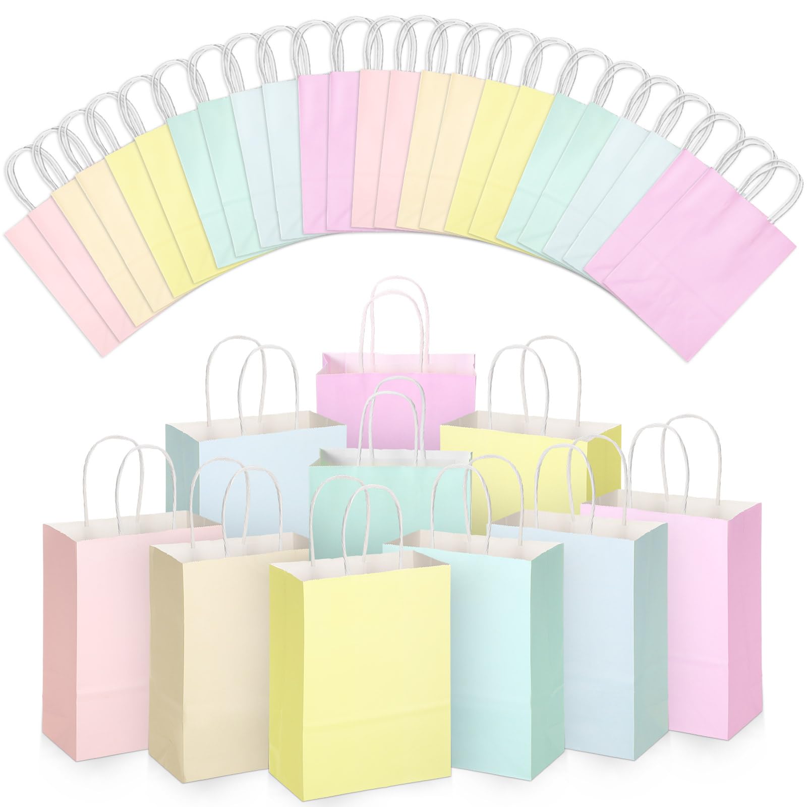 Skyygemm 32 Pcs Paper Gift Bags Bulk with Handle, 6.3 x 3.2 x 8.6 Inch Assorted Colors Kraft Goodie Candy Treat Gift Wrap Bags for Wedding Birthday Graduation Father Day(Pastel Color)