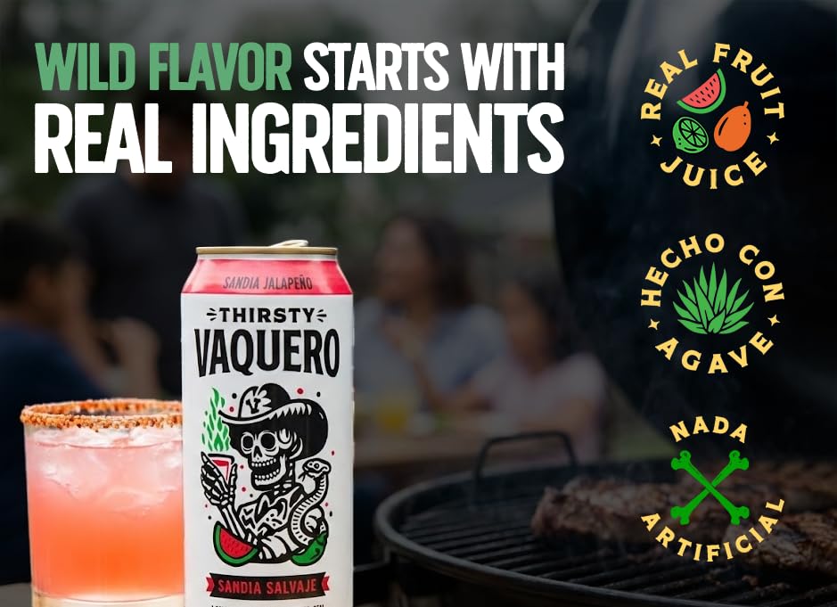 Image of Thirsty Vaquero, Watermelon Jalapeno Flavored soda (Sandia Salvaje), Mexican-inspired soda, Real Fruit Juice & Savory Spices, Made with Organic Agave, Low Calorie, Natural Juice, 16 oz Cans, 12-Pack