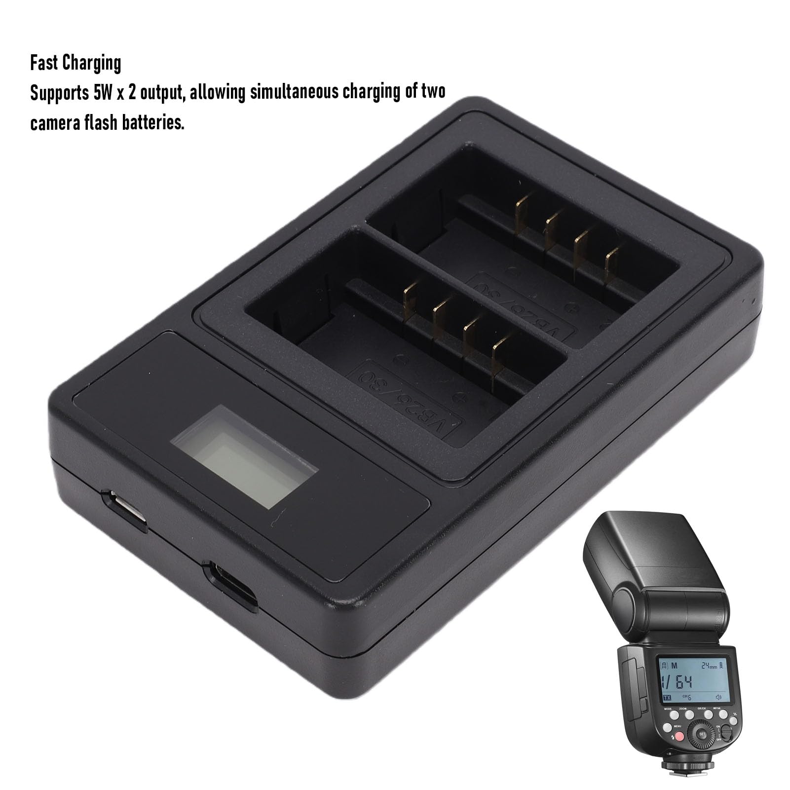 VB26 VB26B VB30 Ładowarka do Lampy Błyskowej, Podwójna Szybka ładowarka USB z Wyświetlaczem LCD, Kompatybilna z Lampami Błyskowymi V1 V850III V860III MF R76 Ring72 AD100Pro V1Pro