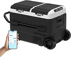 SHAREWIN Geladeira portátil de 12 volts, geladeira portátil de duas zonas, controle duplo de temperatura -20 °C a 20 °C 12/24 V CC, 220-240 V CA com alça e rodas para acampamento, trailer, viagem