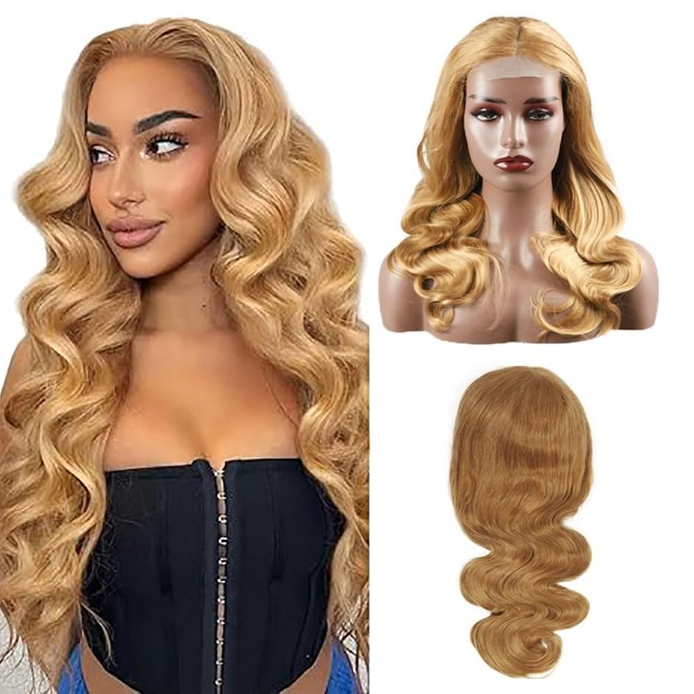 Weeybay 4x4 Lace Front Wigs 32 Inch #27 Honey Blonde Color Body Wave Virgin Glueless Unprocessed 180% Density Transparent Lace Human Hair Wig For Women