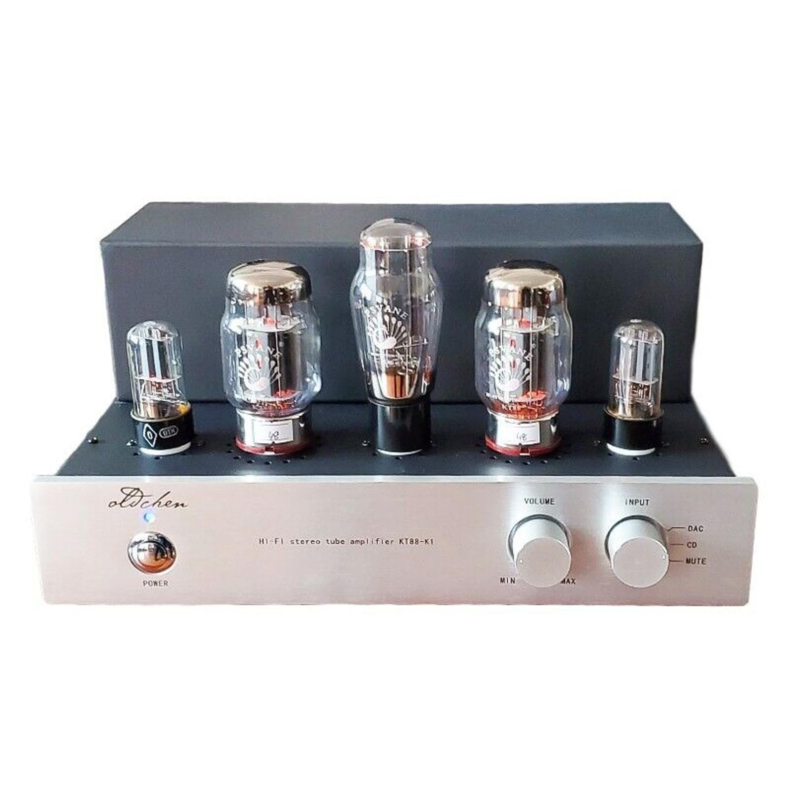 Emoryseric KT88-K1 Tube Amplifier with tubes glowing, in a home audio setup.