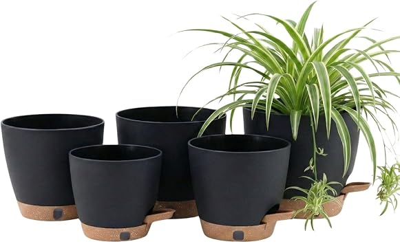 montresor 5-Pack Self-Watering Plastic Plant Pots 5/5.5/6/6.5/7 Inch Black Indoor Flower Pots with Wick & Water Tray for Herbs, Succulents, Seedlings, Small Plants