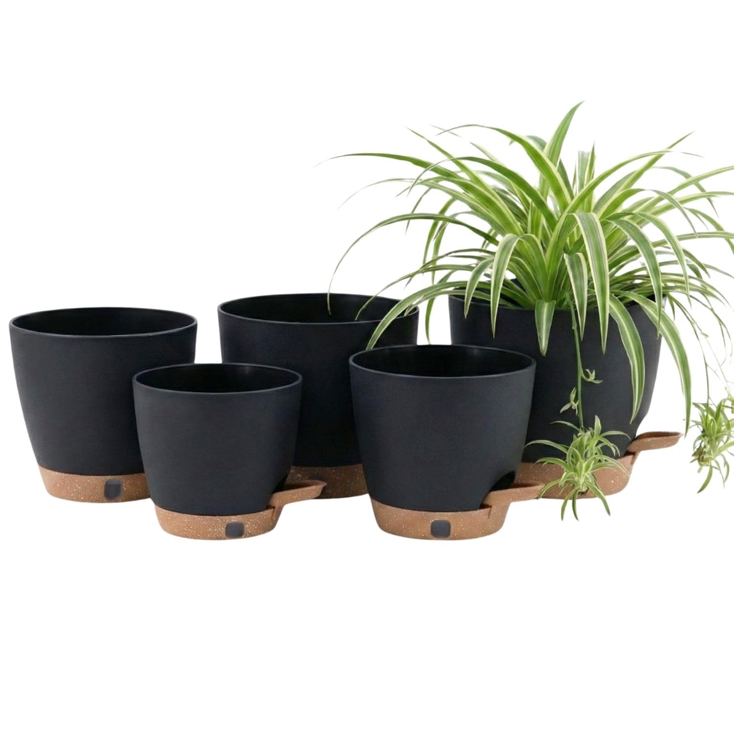 montresor 5-Pack Self-Watering Plastic Plant Pots 5/5.5/6/6.5/7 Inch– Black Indoor Flower Pots with Wick & Water Tray for Herbs, Succulents, Seedlings, Small Plants