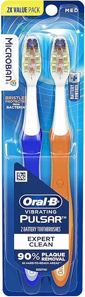 Oral-B Pulsar Pro-Health Expert Clean, Battery electric toothbrush, 2 count MEDIUM toothbrush pack, removes plaque, travel essentials tooth brush