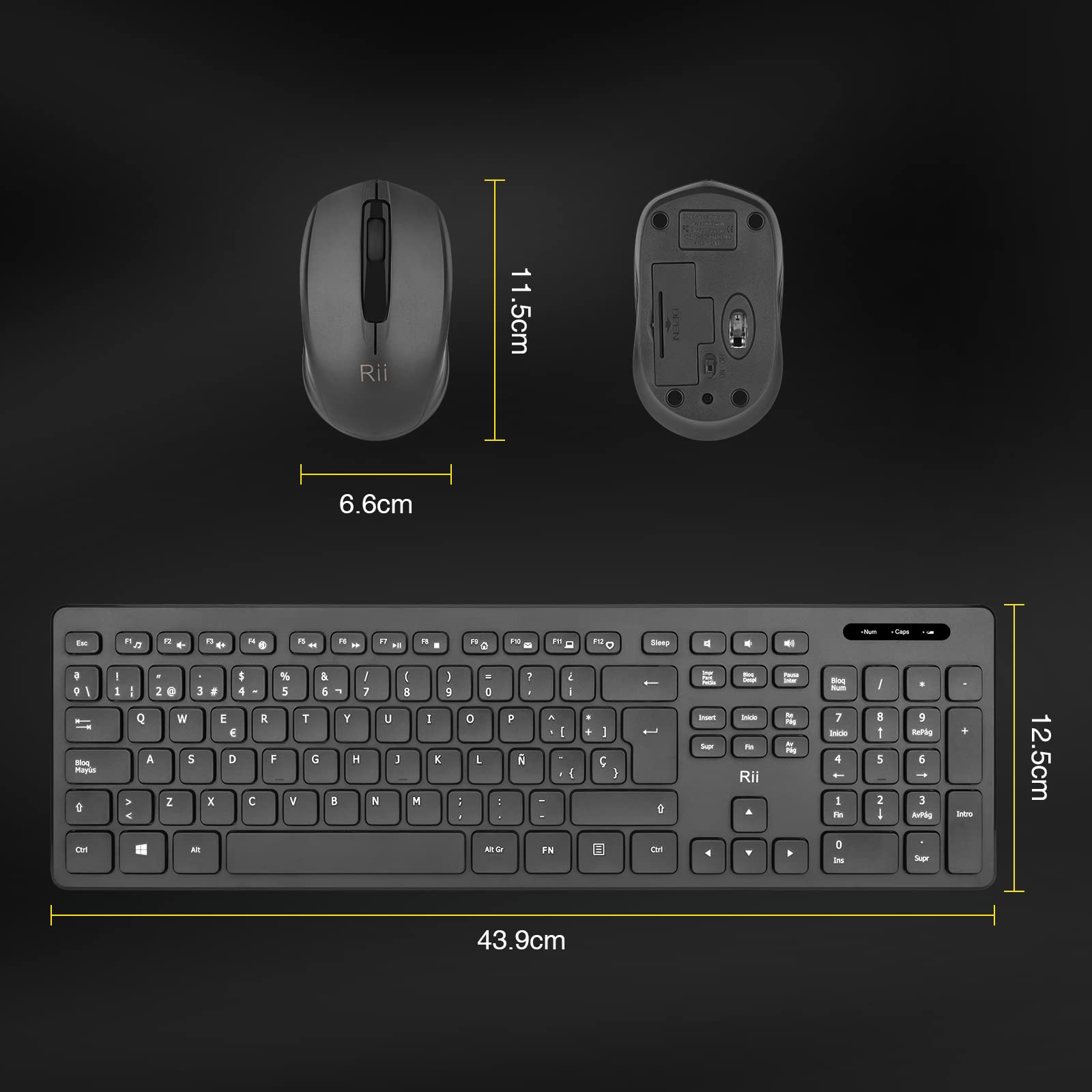 Rii RK200 2.4Ghz Combo Ratón y Teclado Inalámbrico para Android/Windows/Mac/Linux y Otros Dispositivos con USB-QWERTY Español,Color Negro
