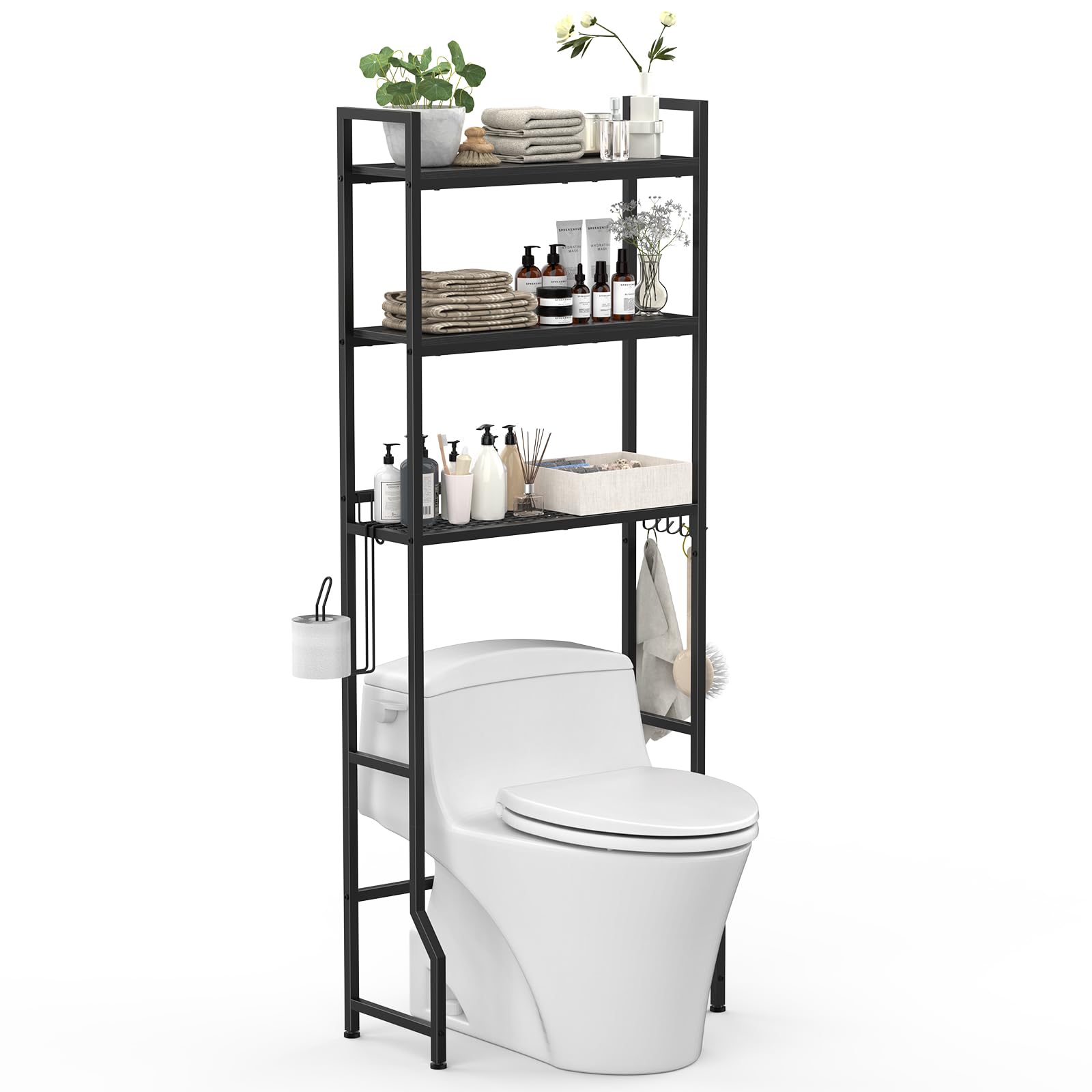 CADUKE Toilettenregal, Waschmaschinenregal mit 3-stöckiges, Badezimmerregal mit Aufbewahrungskorb und Papierhalter, Metall und Holz, 65x20x162 cm, Schwarz