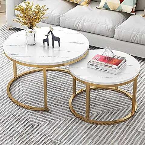 LOHOX Modern Nesting Coffee Tables Set, Round Coffee Table MDF Faux Marble Tabletop Arc Craft Gold Color Frame Free Stretch Widened Steel Frame, for Living Room, Office, Balcony Cover