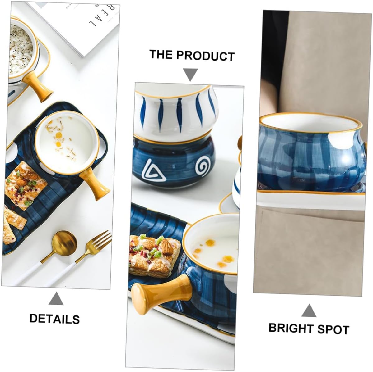 Ceramic Milk Pot and Noodle Pan Set 650ml Hand-painted Milk Heating Pot with Tray White Leaf Pattern Saucepan for Kitchen Cooking and Heating