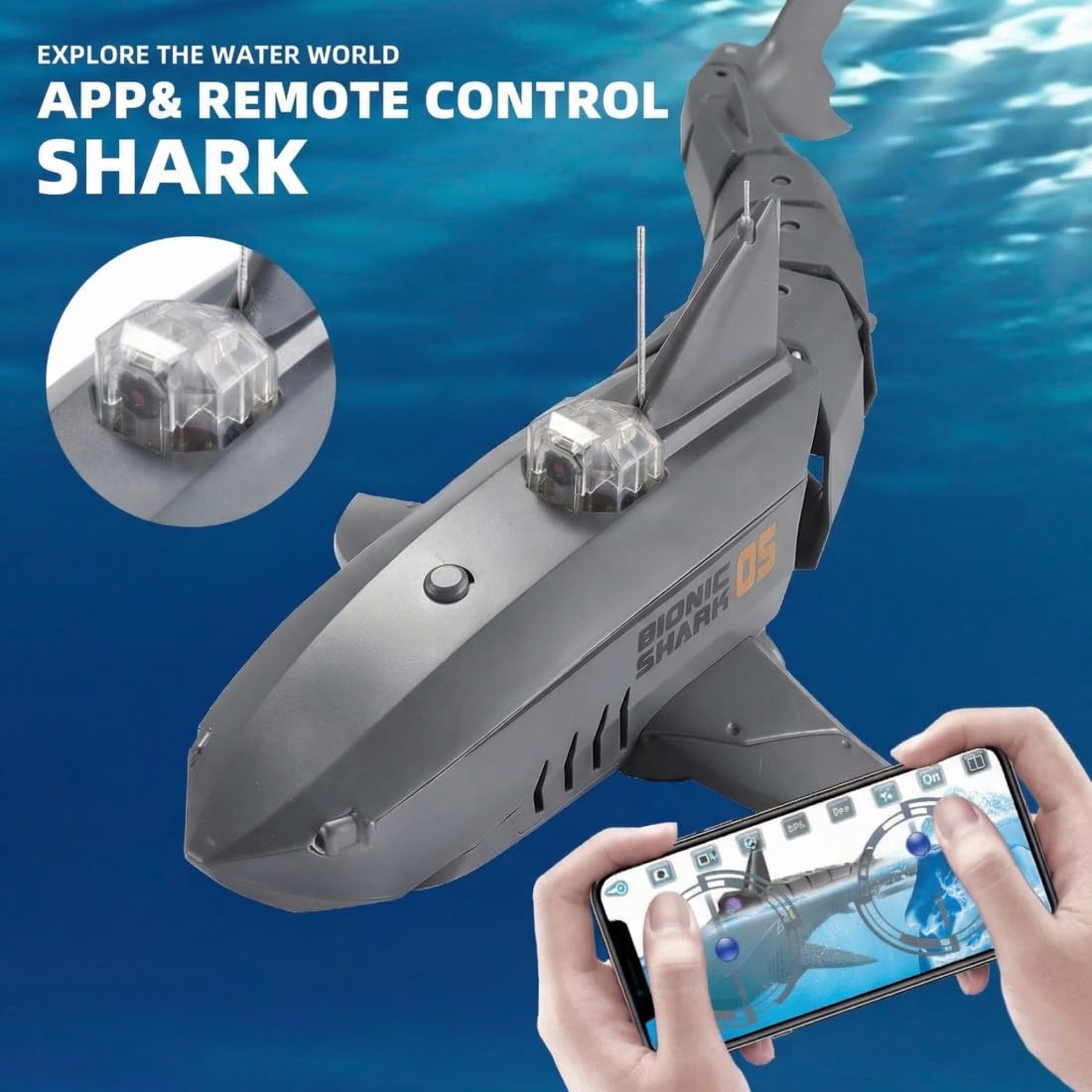 Tiburón teledirigido de 2,4 GHz con cámara APP, barco de tiburón impermeable con doble motor, rotación de 360° y batería recargable, juguete acuático de verano para piscina y lago (azul)