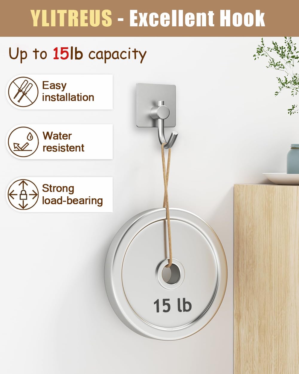 YLITREUS Ganci Adesivi Acciaio Inox 6 Pezzi - Argento Ganci per Accappatoio Senza Forare, Impermeabili e Antiruggine per Bagno e Cucina