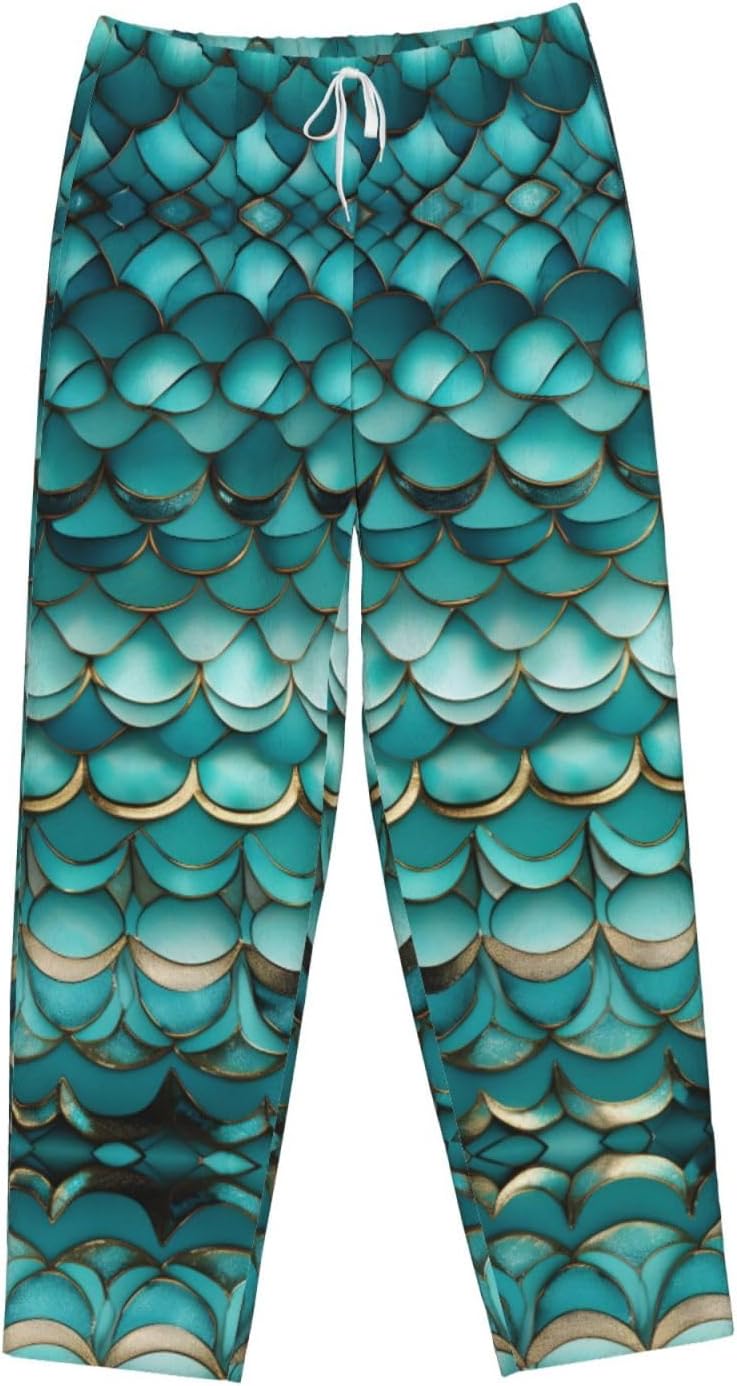 Mermaid Teal Fish Scale Print Cozy Flannel Pajama Pants For Women,Warm Christmas Pj Pants,Cute Fleece Pajamas