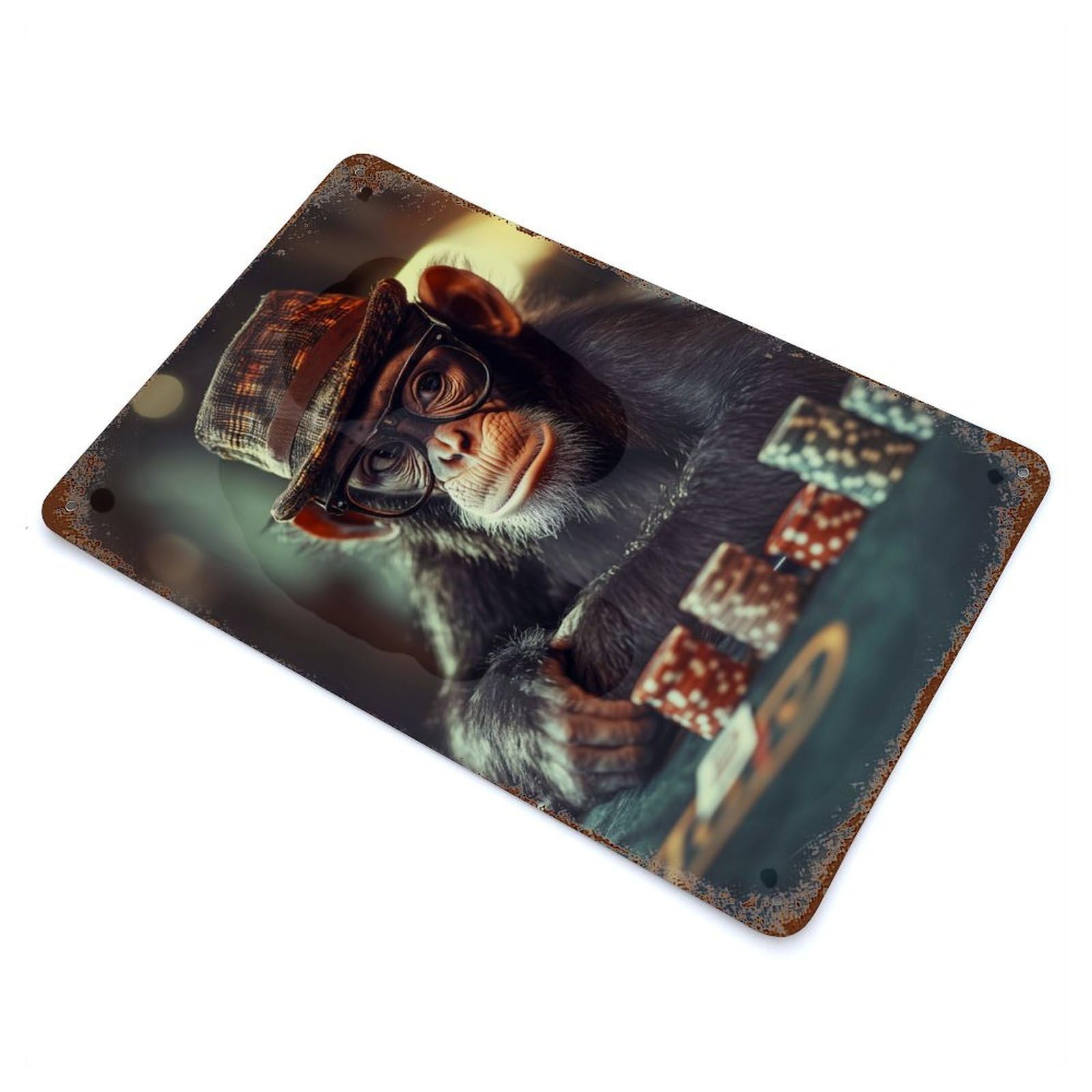 Chef Monkey Playing Poker Decorative Tin Sign 11.8"x7.9", Industrial Home Decor for Garage, Pub Or Kitchen