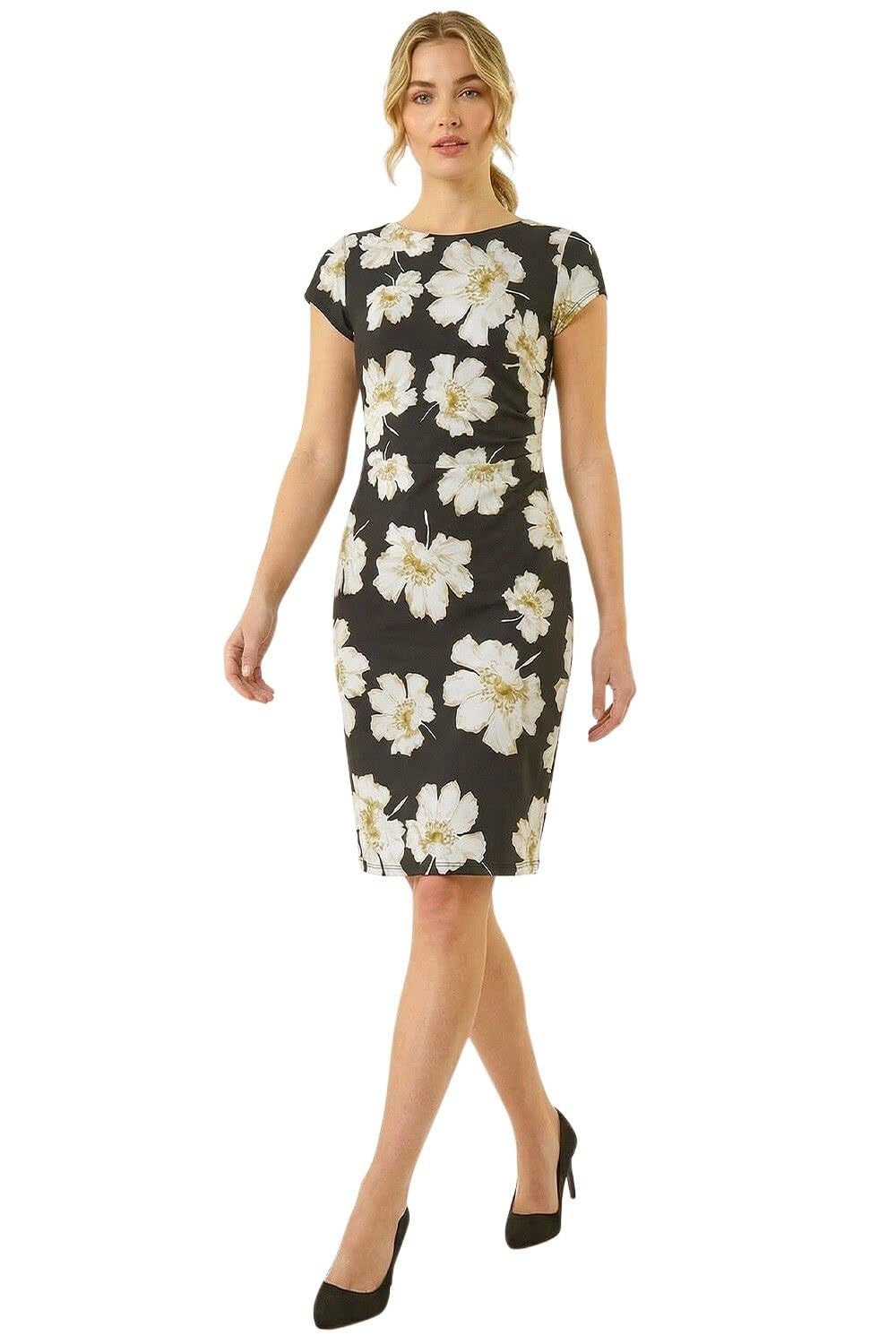 Roman Women's Black Floral Gathered Shift Dress In | : Size 12