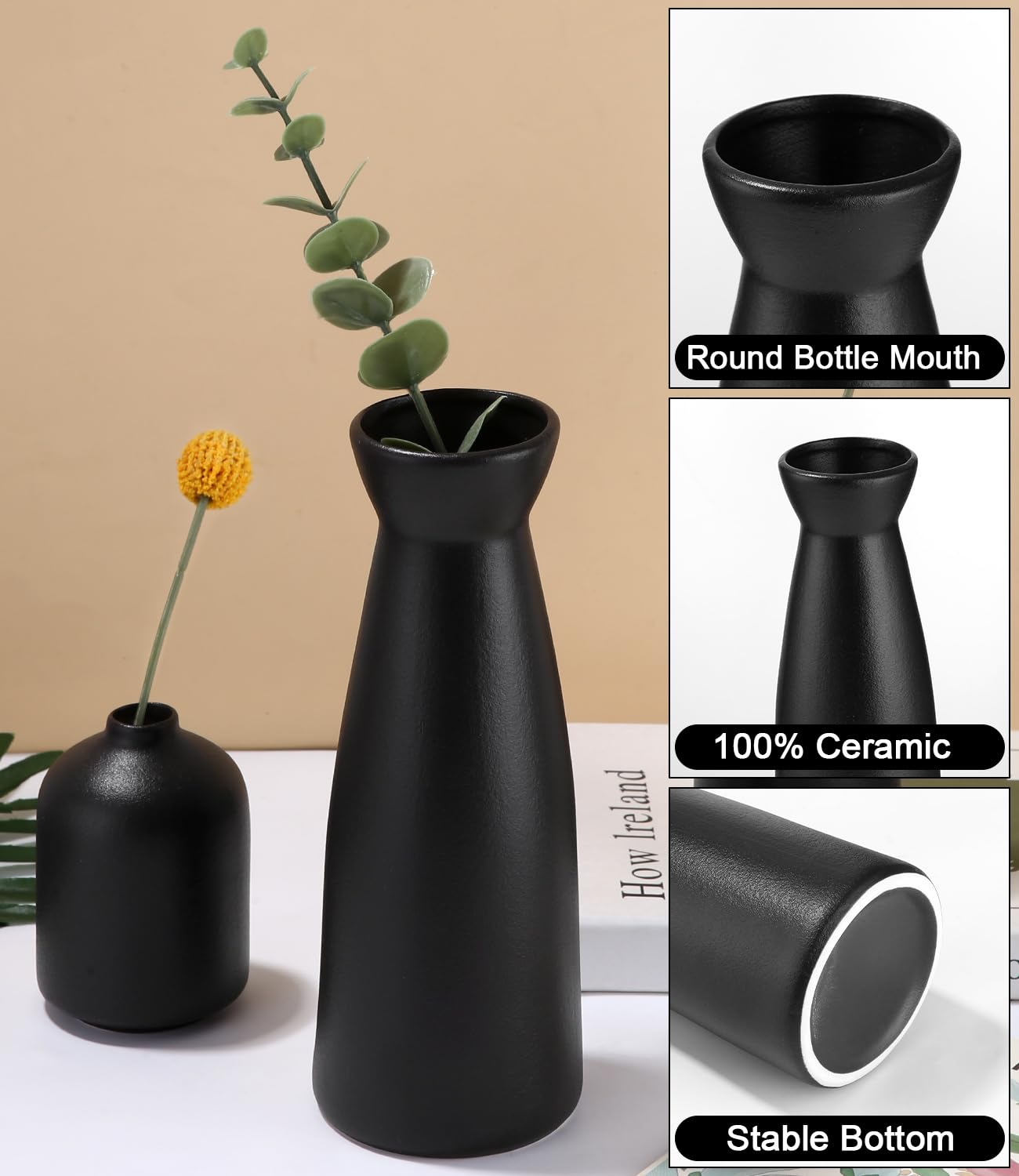 Zestaw 3 czarnych ceramicznych wazonów, nowoczesne minimalistyczne nordyckie nowoczesne podkładki do wystroju domu, dekoracyjne suszone kwiaty do wazonu do wystroju domu, dekoracyjny centralny