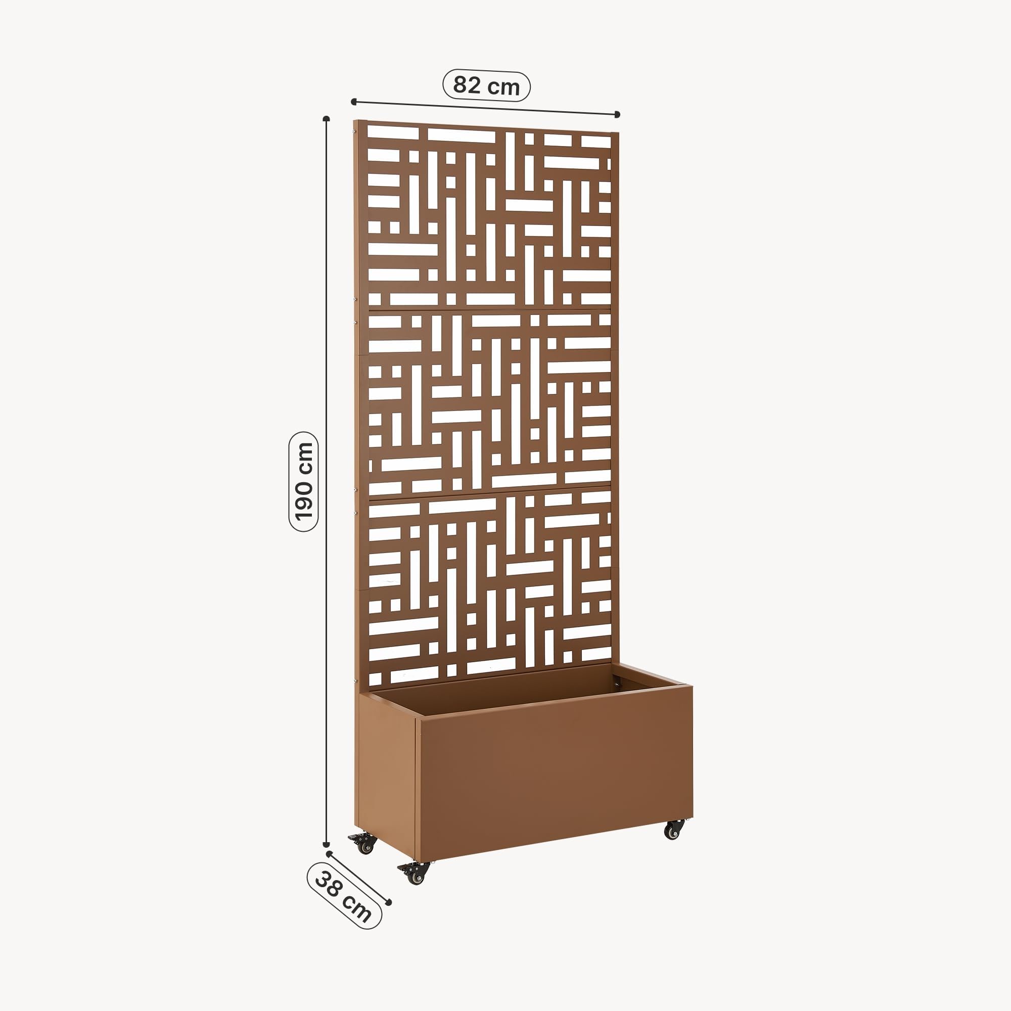 casa.pro Fioriera con Grigliato Fioriera Mobile con Spalliera Pannello Divisorio con Portapiante a 4 Rotelle Separatore da Terrazza 190 x 82 x 38 cm Acciaio Marrone