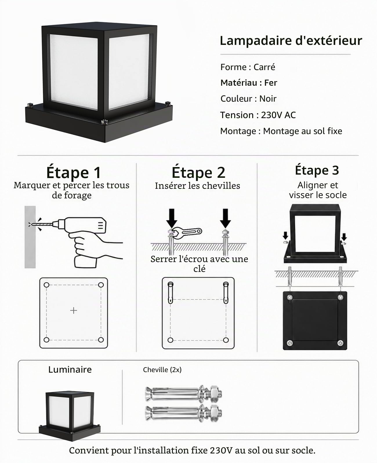 Borne Éclairage Extérieur 230V, IP65 Lampe de Jardin, Noir