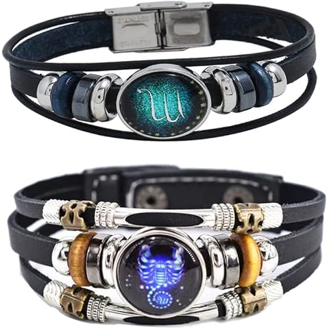 2Pcs Multilayer Constellation Zodiac Leather Bracelet Handmade Woven Zodiac Sign Wrap Bracelet Wristband for Women Men Jewelry Birthday Gift