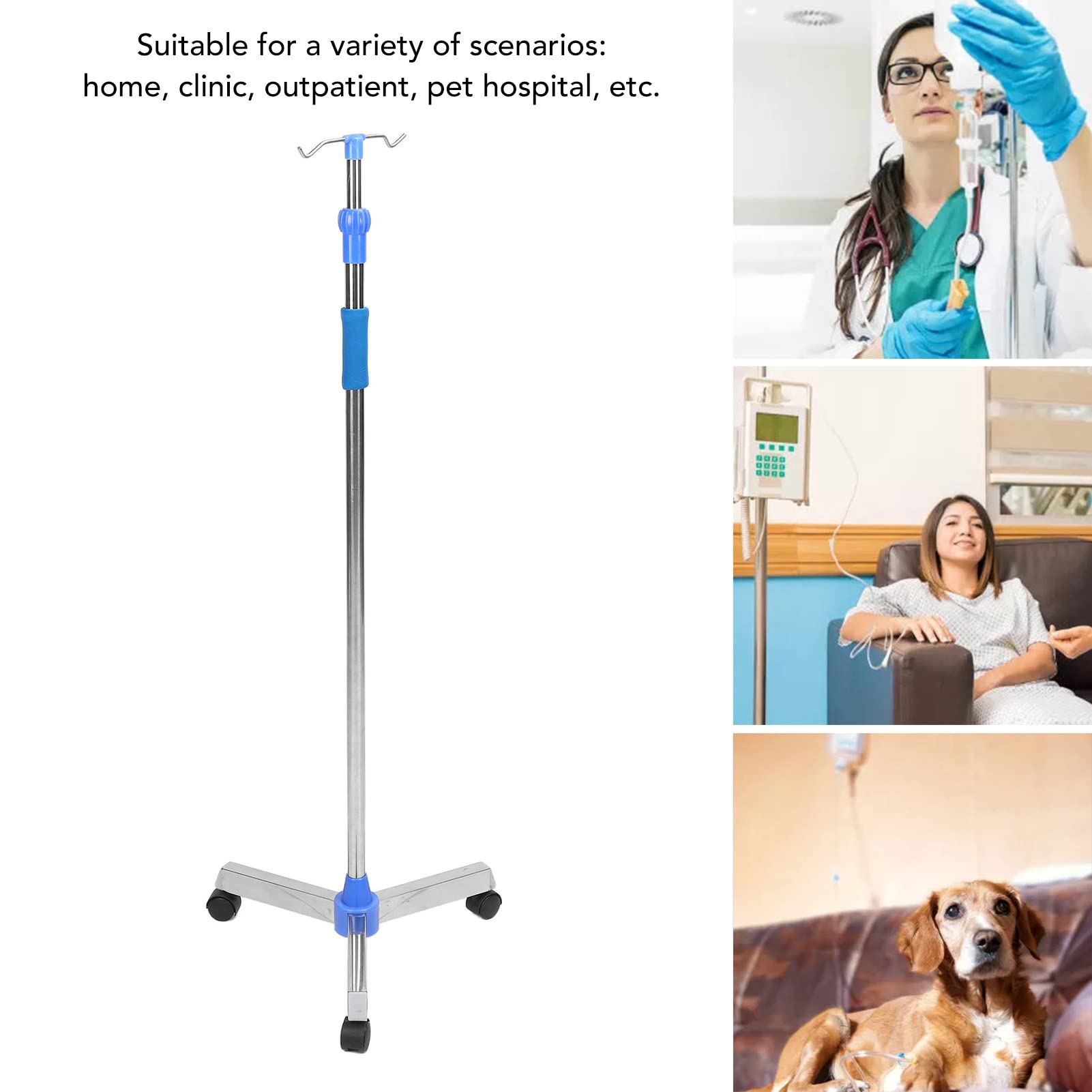 Jiawu 2 Ganci, 3 Rotelle, Asta Portaflebo Portatile Rotante, Supporto per Infusione in Acciaio Inossidabile Regolabile in Altezza Porta Sacca Portaflebo per Ospedale, Domiciliare