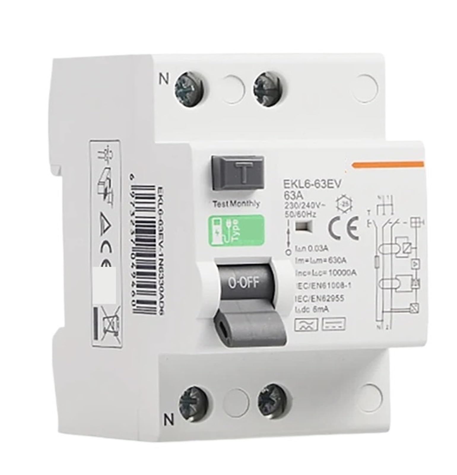 1 pz RCCB tipo EV 2P 4P interruttori differenziali for auto Evse stazione di ricarica RCD 40A 63A 30ma EKL6-63EV 10KA guida DIN(2P,63A)