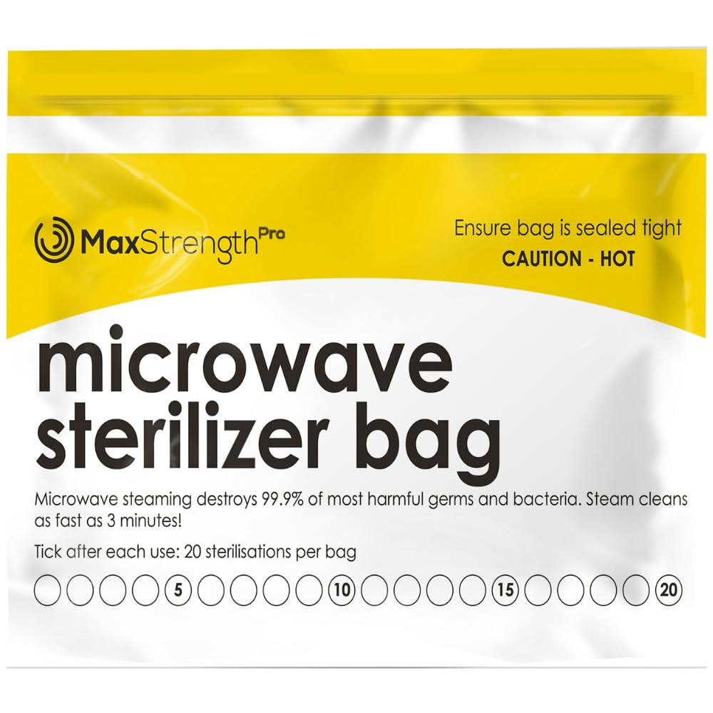 Microwave Steam Sterilizer Bags 20pc for Baby Bottles, Soothers, Teethers, Breast Pump Parts, Training Cups, Accessories, Reusable Large Bags, 20 Uses Per Bag, Easy Tracking System