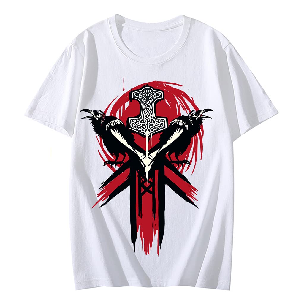 T-Shirt Viking Blanc en 100% Coton avec Imprime Raven Huginn et Munnin XXL