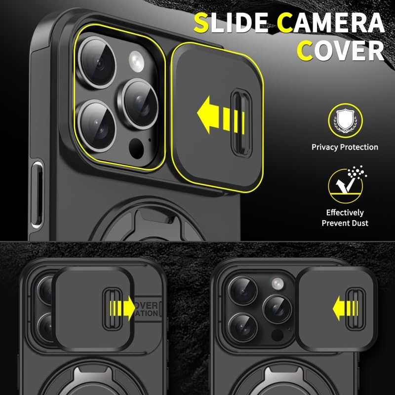 Image of LuxuryKase Shockproof Rugged Case for iPhone 16 Pro | Slide Camera Cover | 360 Rotating Ring Kickstand | Military-Grade Protection - Matte Black