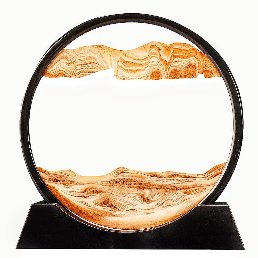 7.5" Moving Sand Art Picture Liquid Motion 3D Round Glass Quicksand Decor Deep Sea Sandscapes with Display Flowing Sand Frame Desktop Office Relaxing Art Gifts Toys (Yellow)