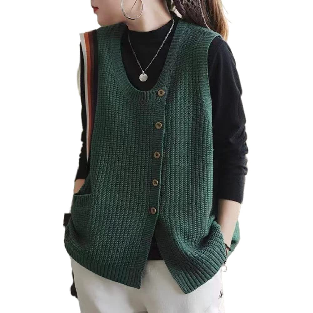 Strickweste Damen Ärmellos,Damen Gilets Strickweste Vintage Grün Rundhals Cardigan Mit Seitlichen Knöpfen Und Taschen Ärmelloser Pullover Pullover Gilets Preppy Style Streetwear Strickpullover T