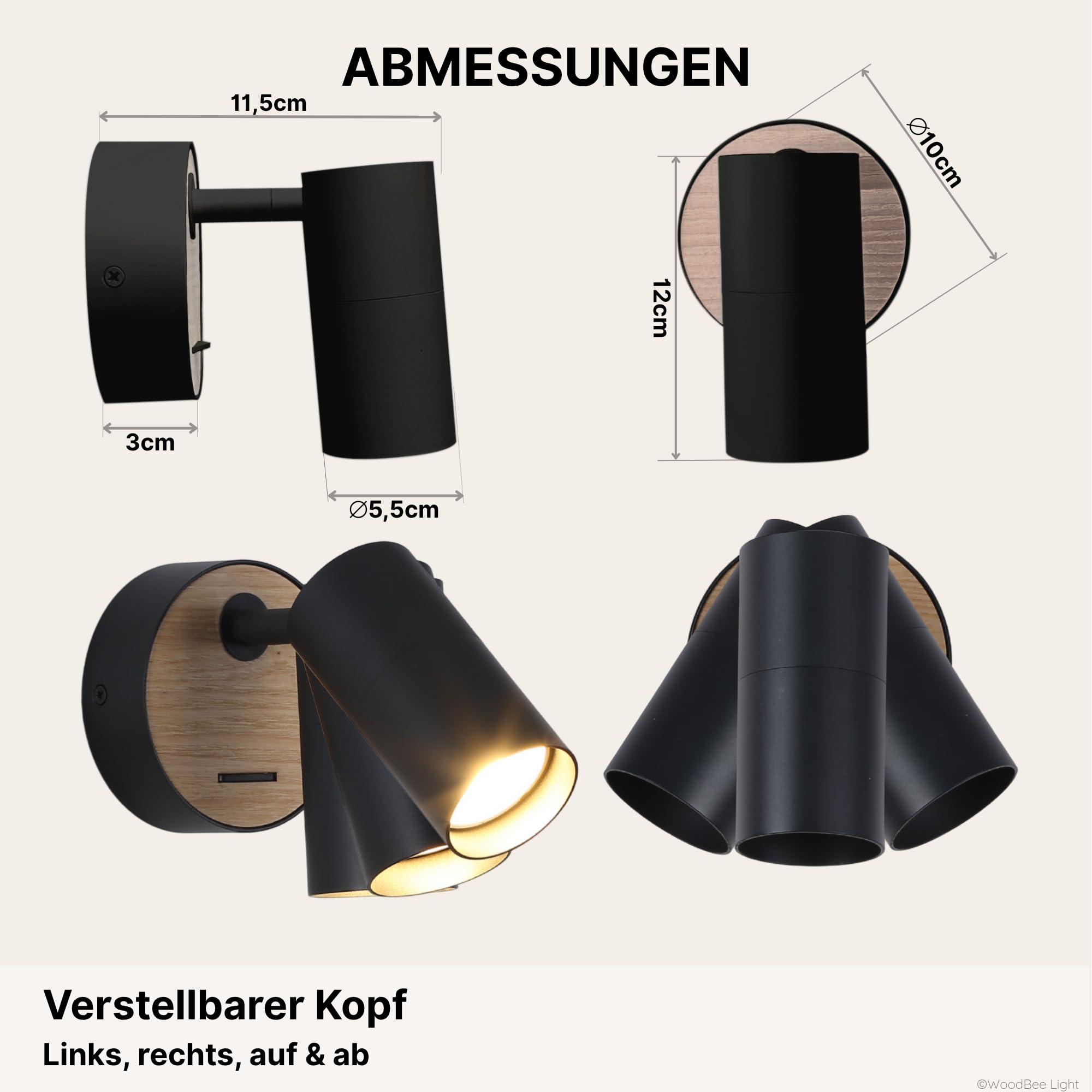 2er Set verstellbare schwarze Aluminium-Wandlampen mit Holz GU10 Wandspot Leselampen mit Schalter Innen ohne Leuchtmittel