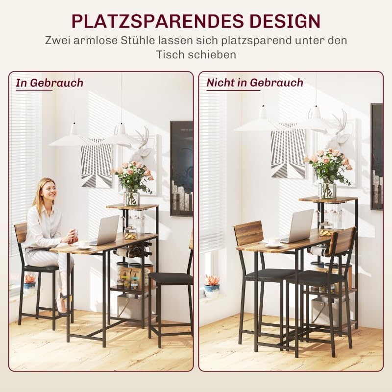 Juego de mesa de bar con taburete, 3 piezas, juego de mesa de bar con mesa de cocina, soporte para copas de vino, estante para 2 sillas de bar, marco de acero, moderno, para comedor, cocina