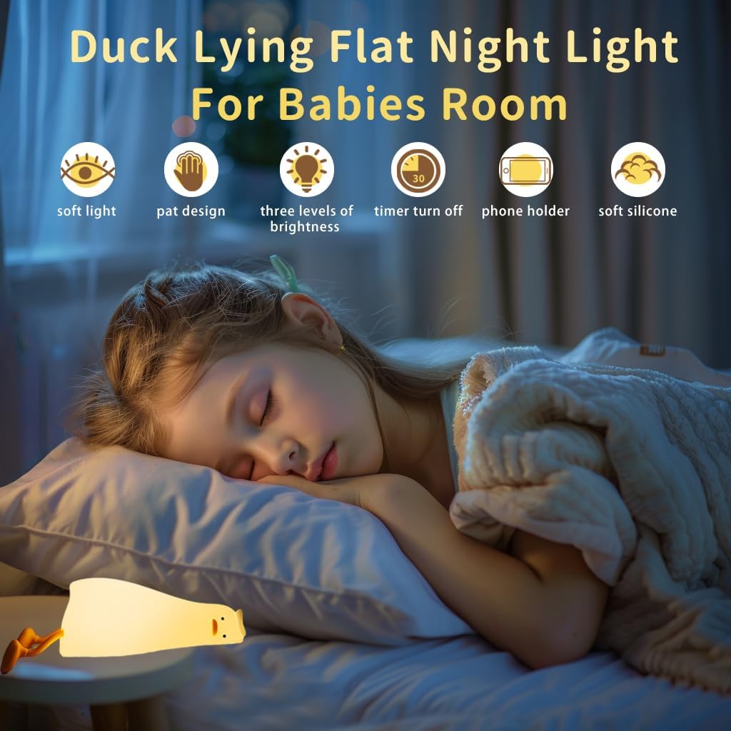 Lying Flat Duck Night Light, Cute Silicone Light Up Duck, 3 Level Dimmable Nursery Nightlight, LED Duck Lamp, Rechargeable Bedside Touch Lamp for Breastfeeding Toddler Baby Kids Decor - Image 2