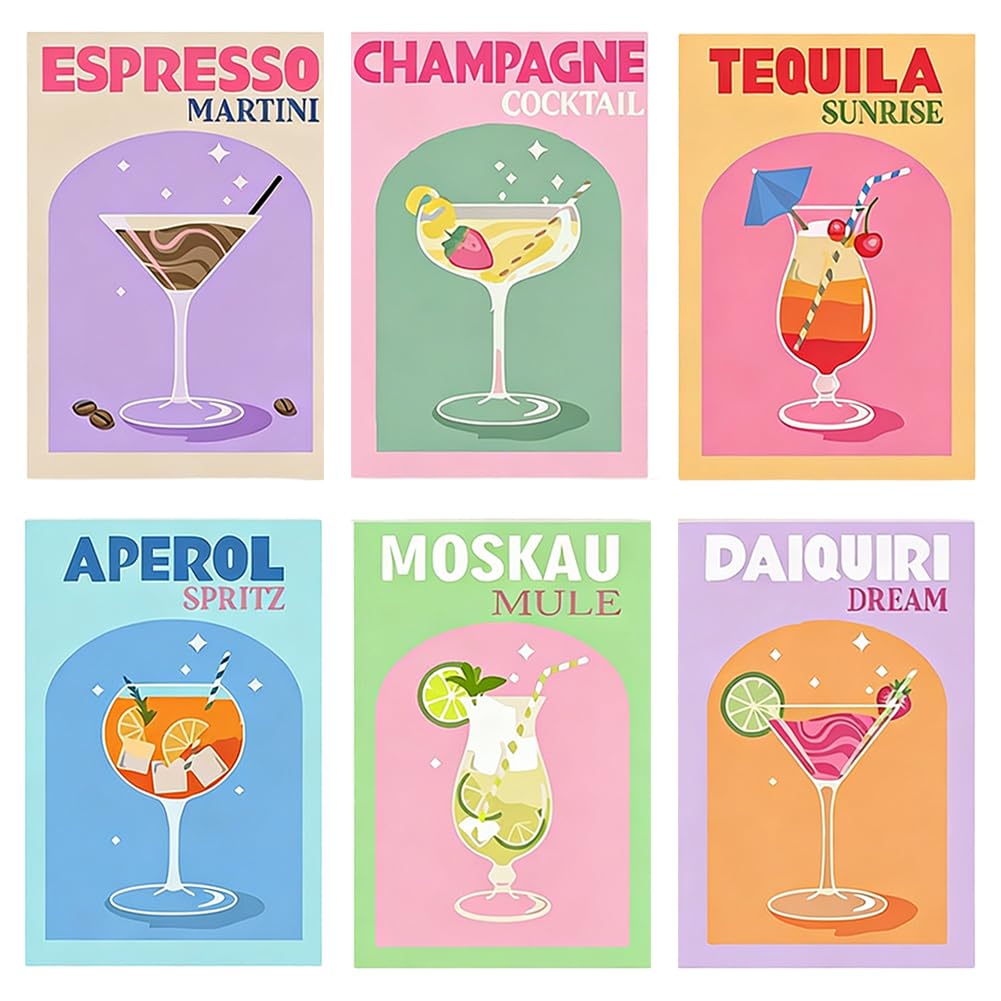 SYTTNUM 6 Pezzi Dipingere Con I Numeri Cocktail Retrò,Kit Pittura con i Numeri per Adulti 20 x 30 cm con Pennelli e Vernici Acriliche - Tela da Dipingere Senza Cornice per Principianti (Cocktail-2)