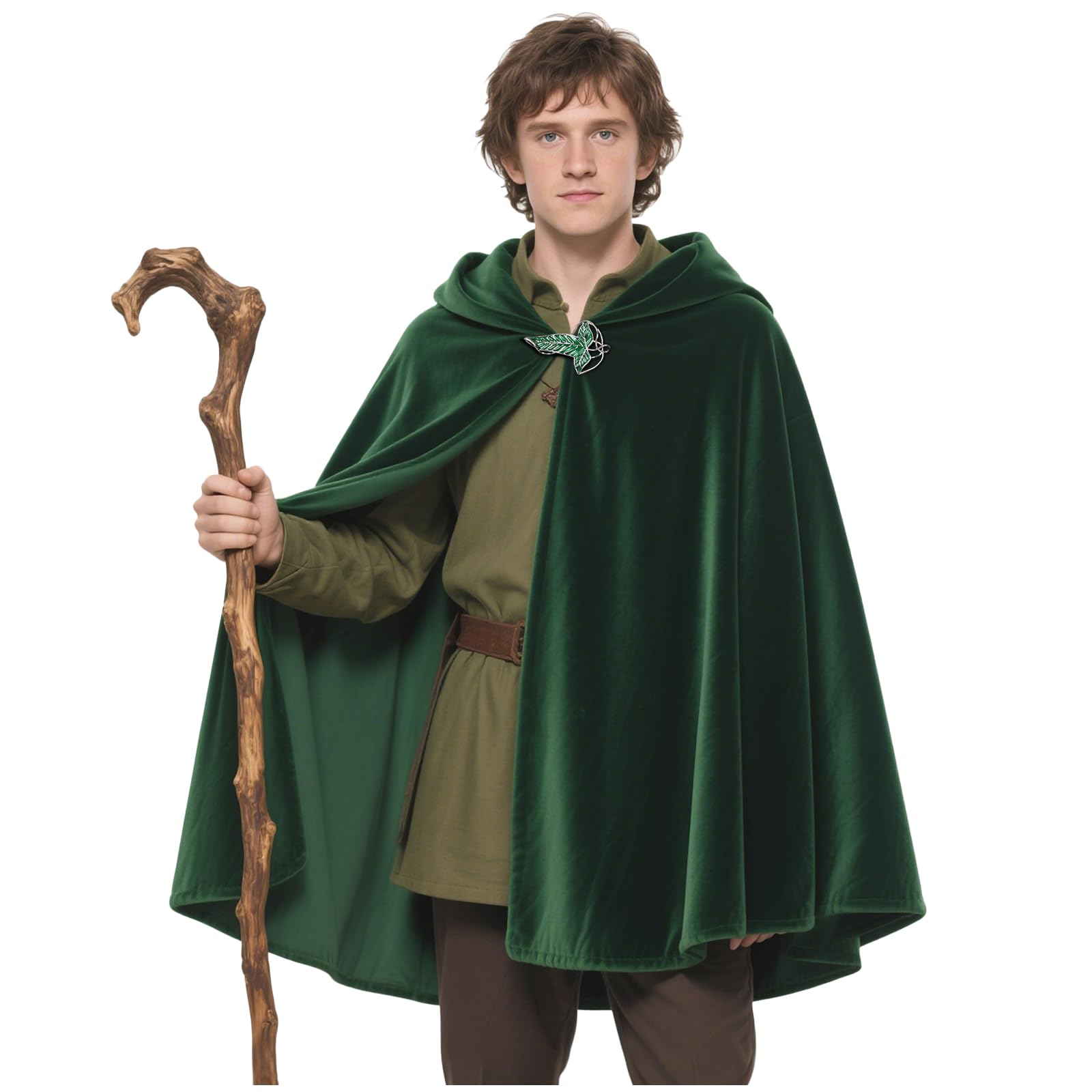 L'VOWMedieval Green Hobbit Cloak Renaissance Elf Hooded Cape wtih Leaf Brooch Clasp