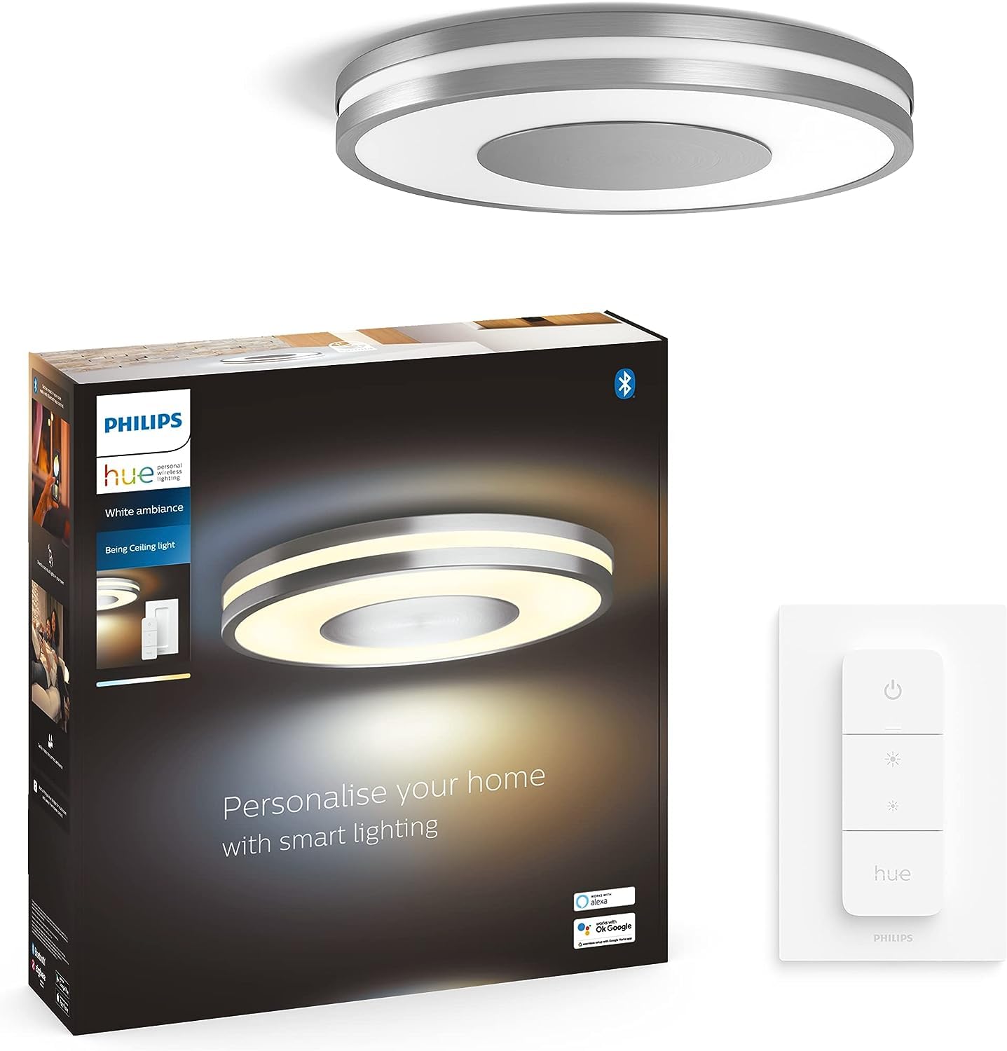 Philips Hue Being White Ambiance Smart Ceiling Light [Silver] with Dimmer Switch Included, with Bluetooth, Works with Alexa, Google Assistant and Apple Homekit