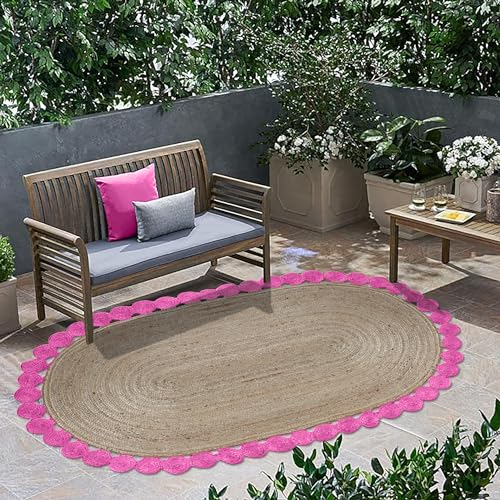 Tapis à tissage plat rose et beige ovale en jute pour intérieur - 3