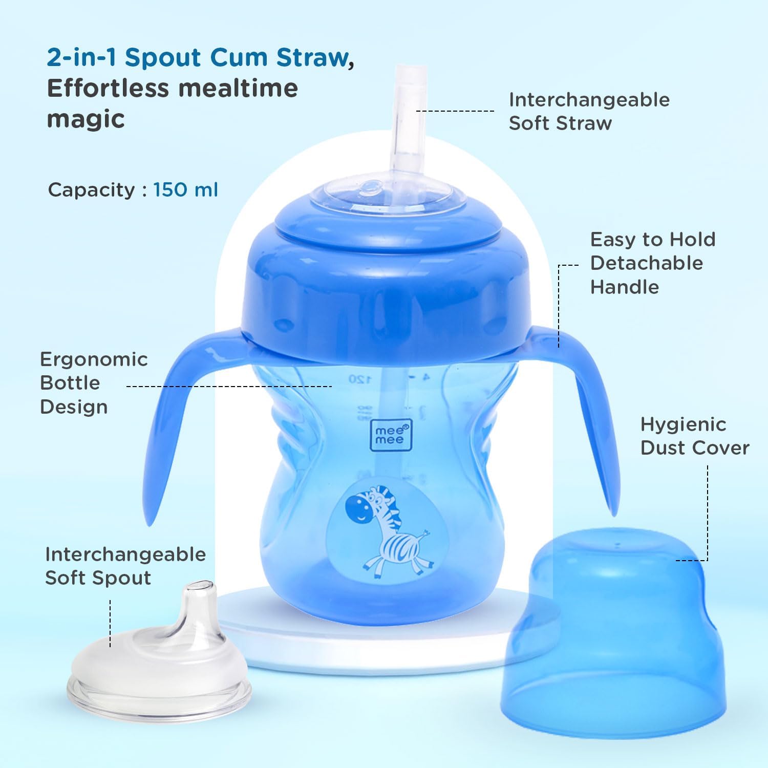 Mee Mee 150ml 2 in 1 Spout and Straw Sipper Cup (150 Ml, Blue)