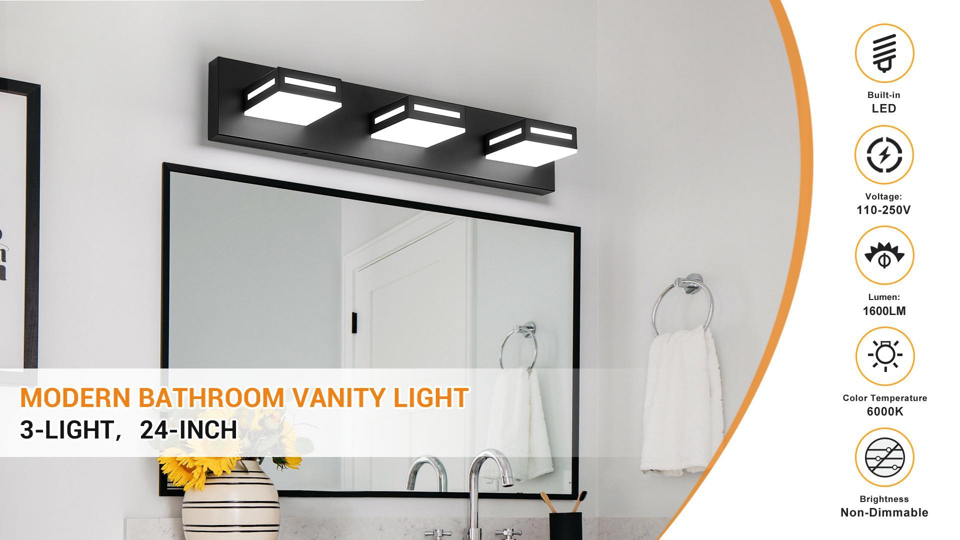 Image of LED Modern Bathroom Light Fixtures, 3-Light 24-Inch Chrome Vanity Lights for Bathroom Lighting Fixtures Over Mirror, 6000K Cool White 350 Rotatable Wall Lamp