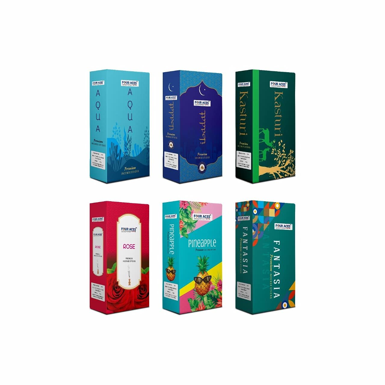 Four Aces Luxury - Combo of 6 Different Fragrances: Aqua, Ibadat, Kasturi, Rose, Pineapple, Fantasia | No Charcoal & Low Smoke Agarbatti - Pack of 6 (Total 72 Small Packets)